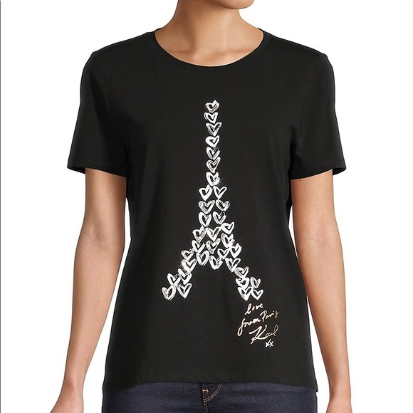 KARL LAGERFELD Heart Eiffel Tower Stretch-Cotton T-Shirt Black Size S - Picture 1 of 10